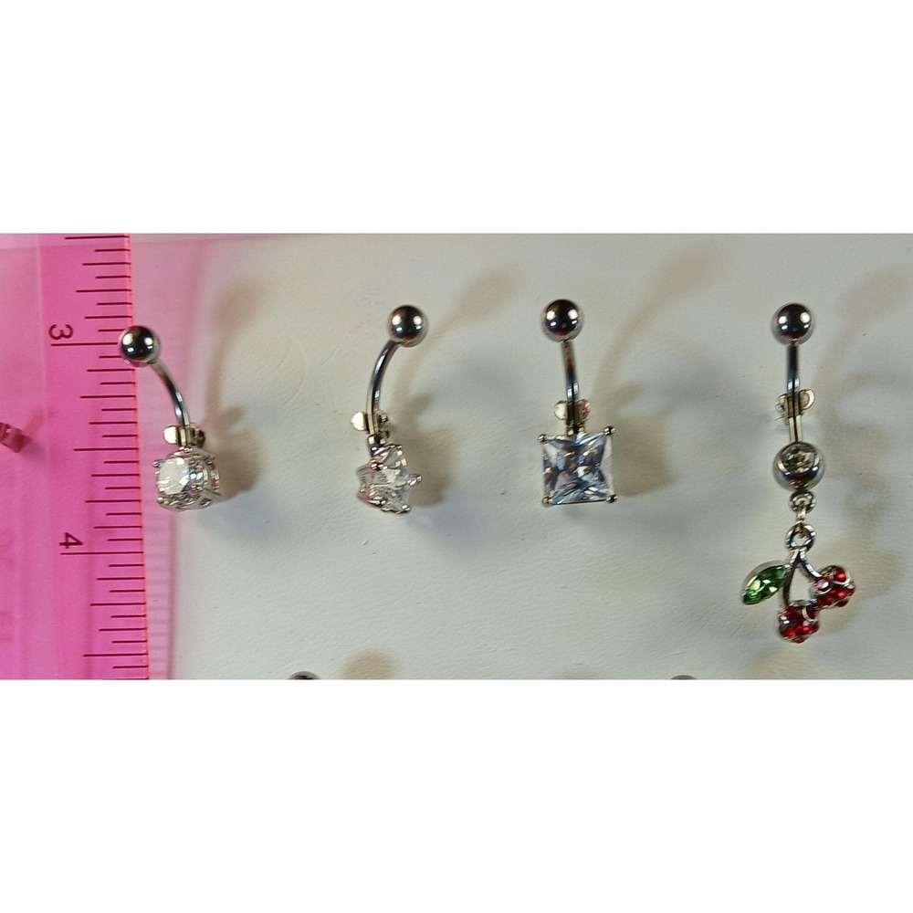 Vintage 90s Belly Button Rings 316L Surgical Steel 14G Cherry Flower CZ 7pc Set - Picture 5 of 17